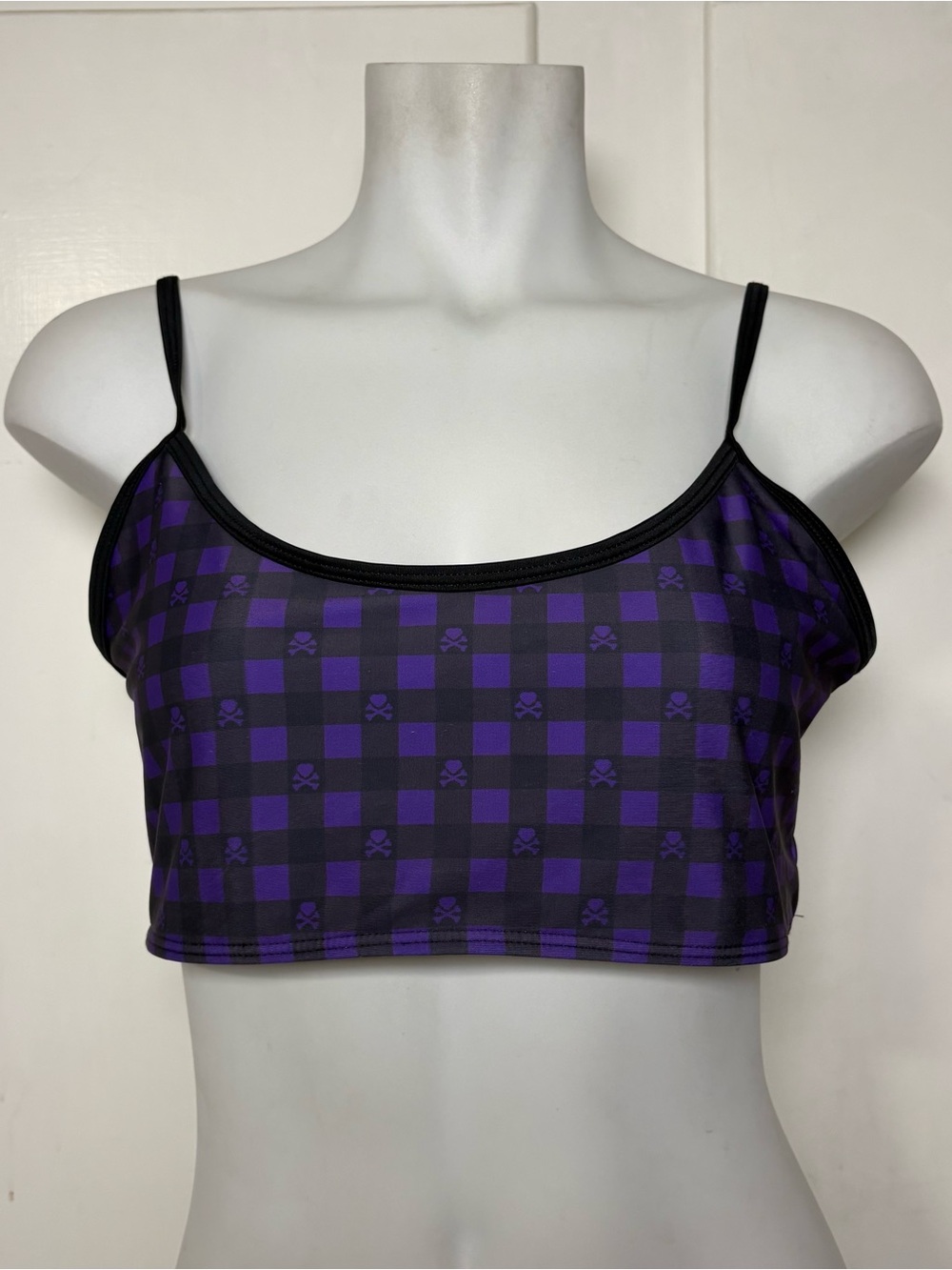 Tunnel Vision Black Purple Plaid Heart Skull Crossbones Alt Style Bikini Top